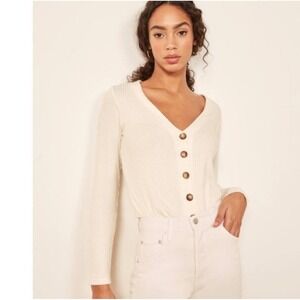 Reformation Jeans Ribbed V-Neck Cardigan Top Ivory White Long Sleeve‎ Small